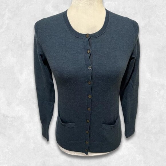 Banana Republic Merino Wool Blend Cardigan Crew Neck Front Pocket Peacock Blue - Picture 3 of 10